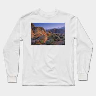 Crescent Moon Rising Over Sierra Nevada Range As Seen From Alabama Hills Long Sleeve T-Shirt